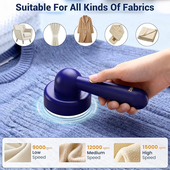 DBC Fabric Shaver and Lint Remover, Sweater Shaver with 3-Speeds and 6-Leaf Blades, 2hours runtime, 2 Replaceable Blades, Battery Operated, Remove Pilling, Furniture, Fuzz, Lint Ball - Blue