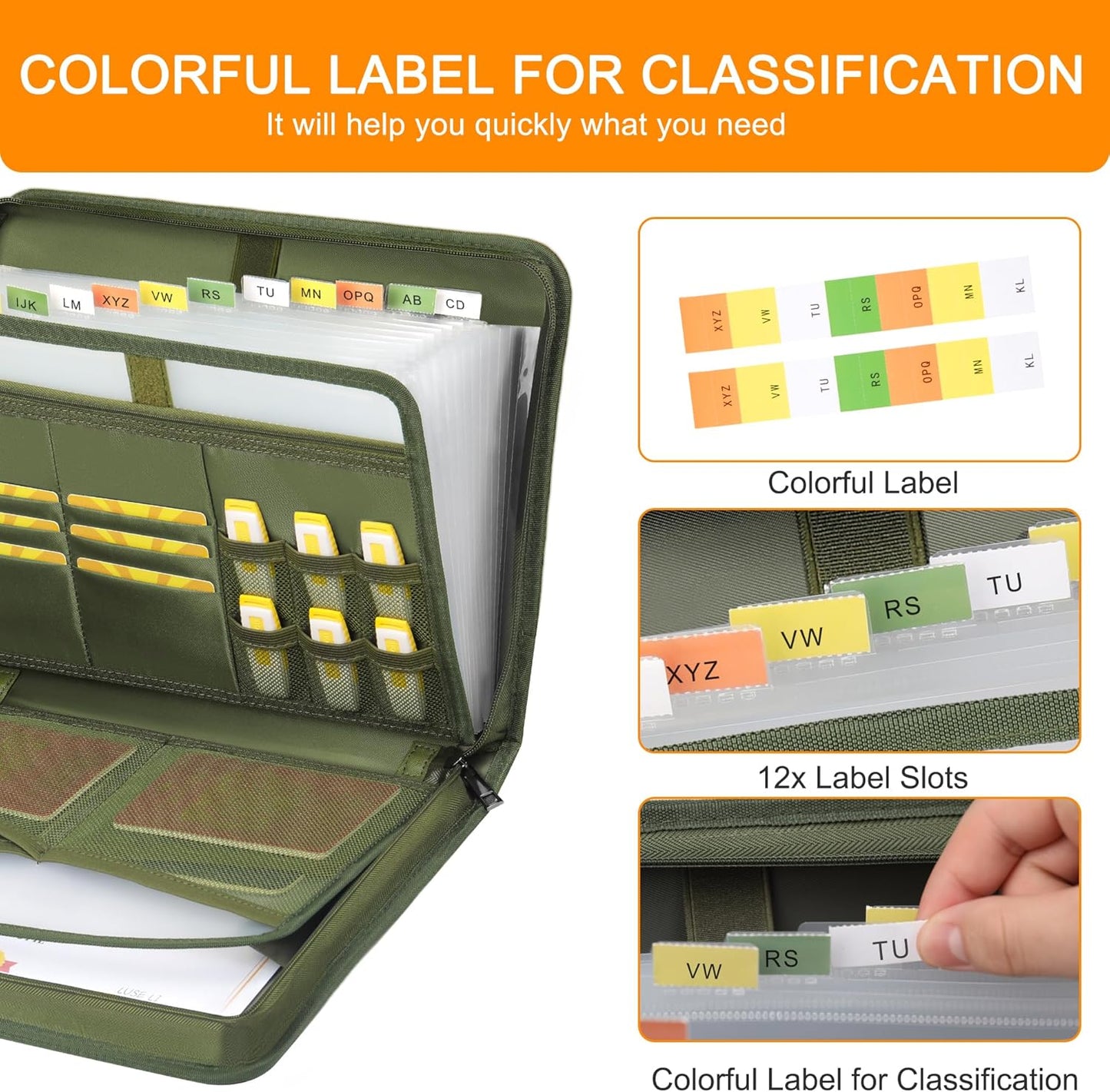 Accordion File Organizer,13 Pockets Fireproof Expanding File Folder with Multi Pockets,Portable Business Fire Safe Storage Document Organizer Folder with Zipper for Documents and File,Green