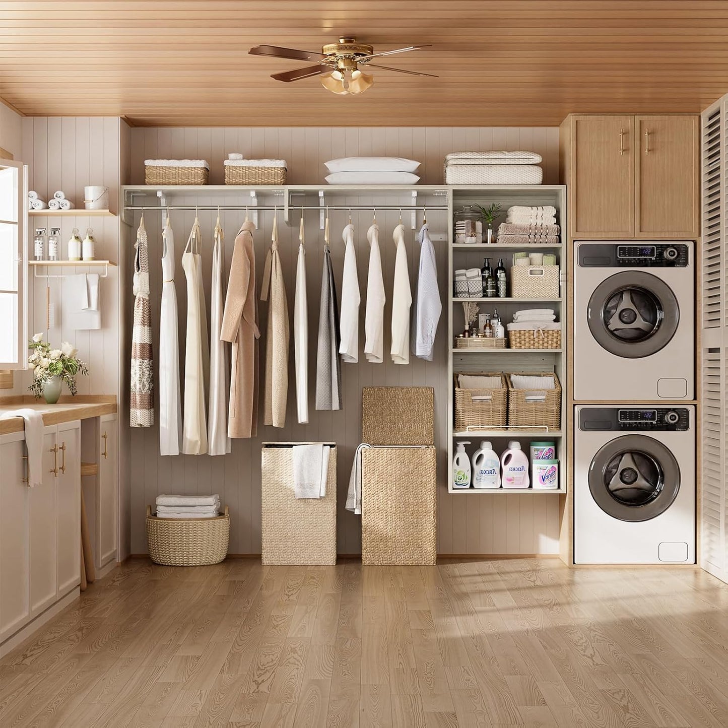 Unikito Over Washer and Dryer Storage Shelf, 8FT Wall Mounted Laundry Room Organizer, Space Saver Clothes Drying Rack with Hanger Rod, Heavy-Duty Closet System with Adjustable Shelves, White Oak