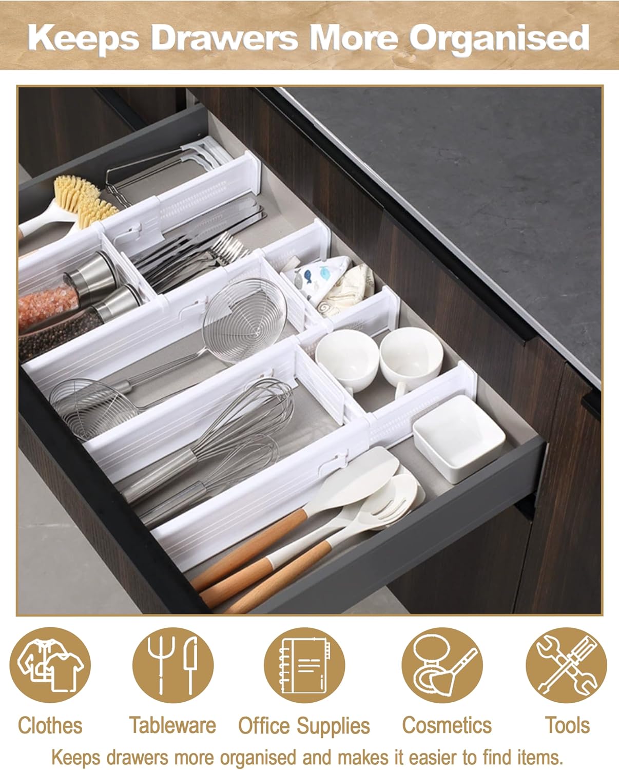 CeeVian Adjustable Drawer Organizers Set 8 Piece ABS Plastic Dividers with EVA Padding Splitter Plastic Drawers Separators for Wardrobes, Kitchen, Office & Bathroom Storage(White)