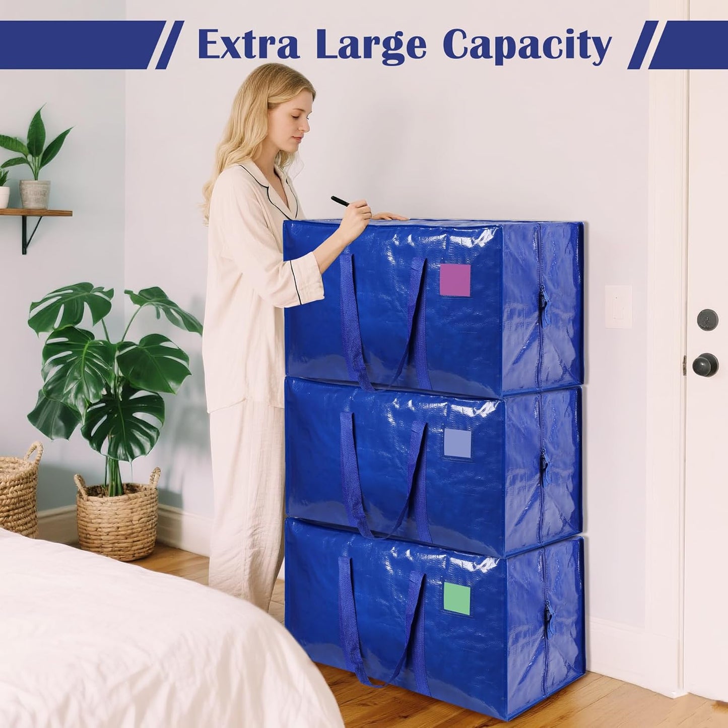 6 Pack Extra Large Heavy Duty Moving Bags with Reinforced Zipper & Wide Handles, Moisture-Resistant Storage Bins Packing Cubes for Clothes, College Dorm, Travel, and Home Organization, Blue