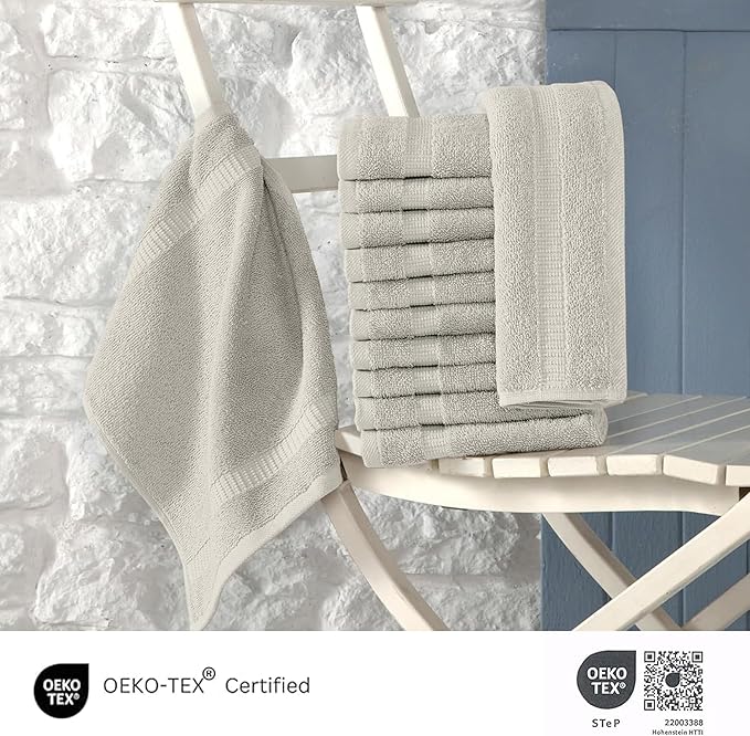 SALBAKOS 100% Turkish Cotton Washcloth Set of 12 13x13 inch | Heirloom Quality | Hotel & Spa Collection | Ultra Soft, Super Absorbent, Washcloth Towels | Made in Turkey (Stone, 12 Washcloths)
