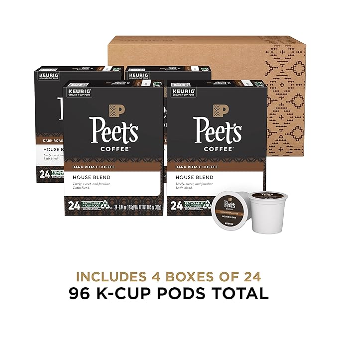 Peet's Coffee, Dark Roast K-Cup Pods for Keurig Brewers - House Blend 96 Count (4 Boxes of 24 K-Cup Pods)