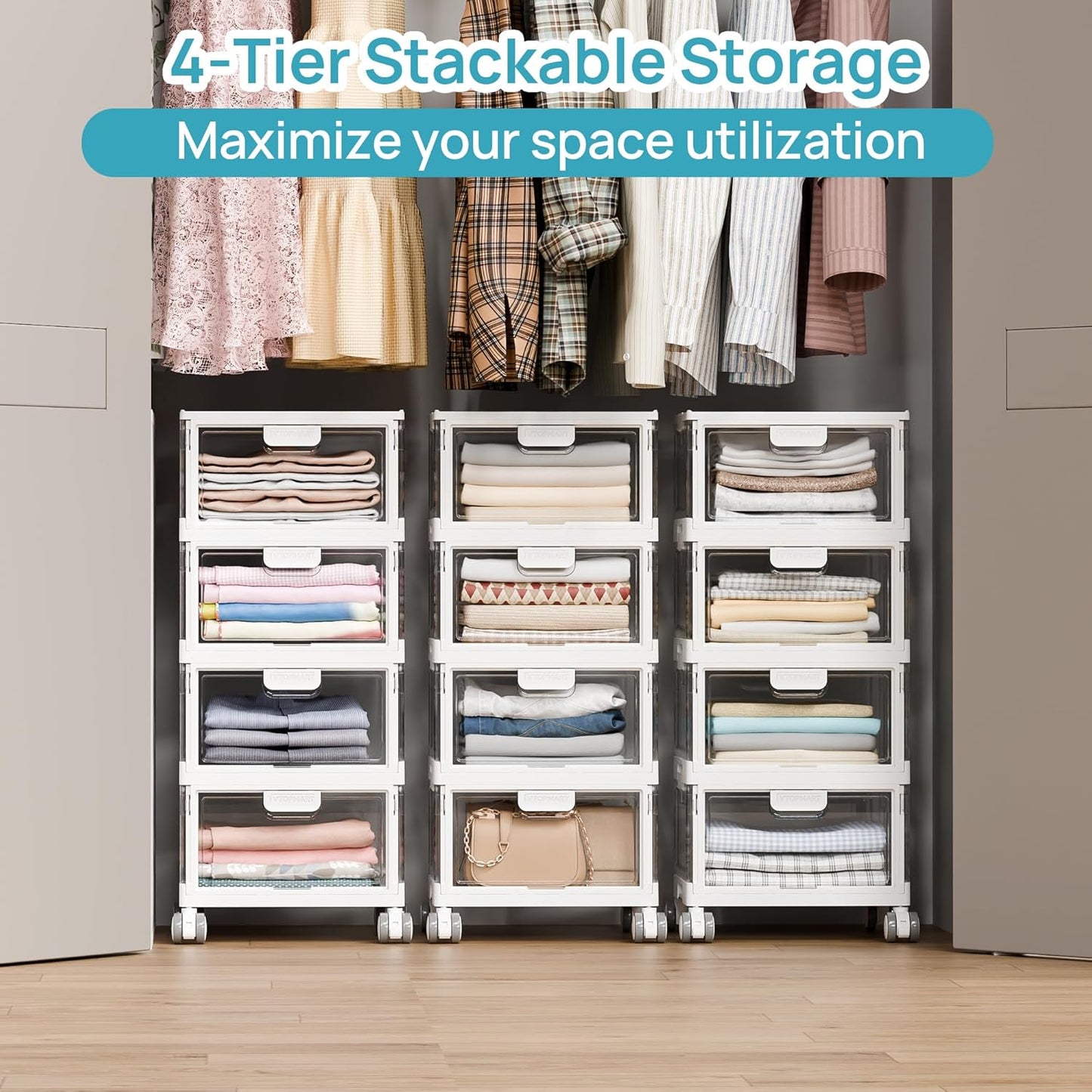 Vtopmart 4 Tier Plastic Storage Bins with Lid 24QT,Clear Stackable Closet Organizers and Storage with Wheels,Foldable Plastic Organizer Bins for Bathroom,Living Room,Bedroom,Craft Room, Office,Dorm