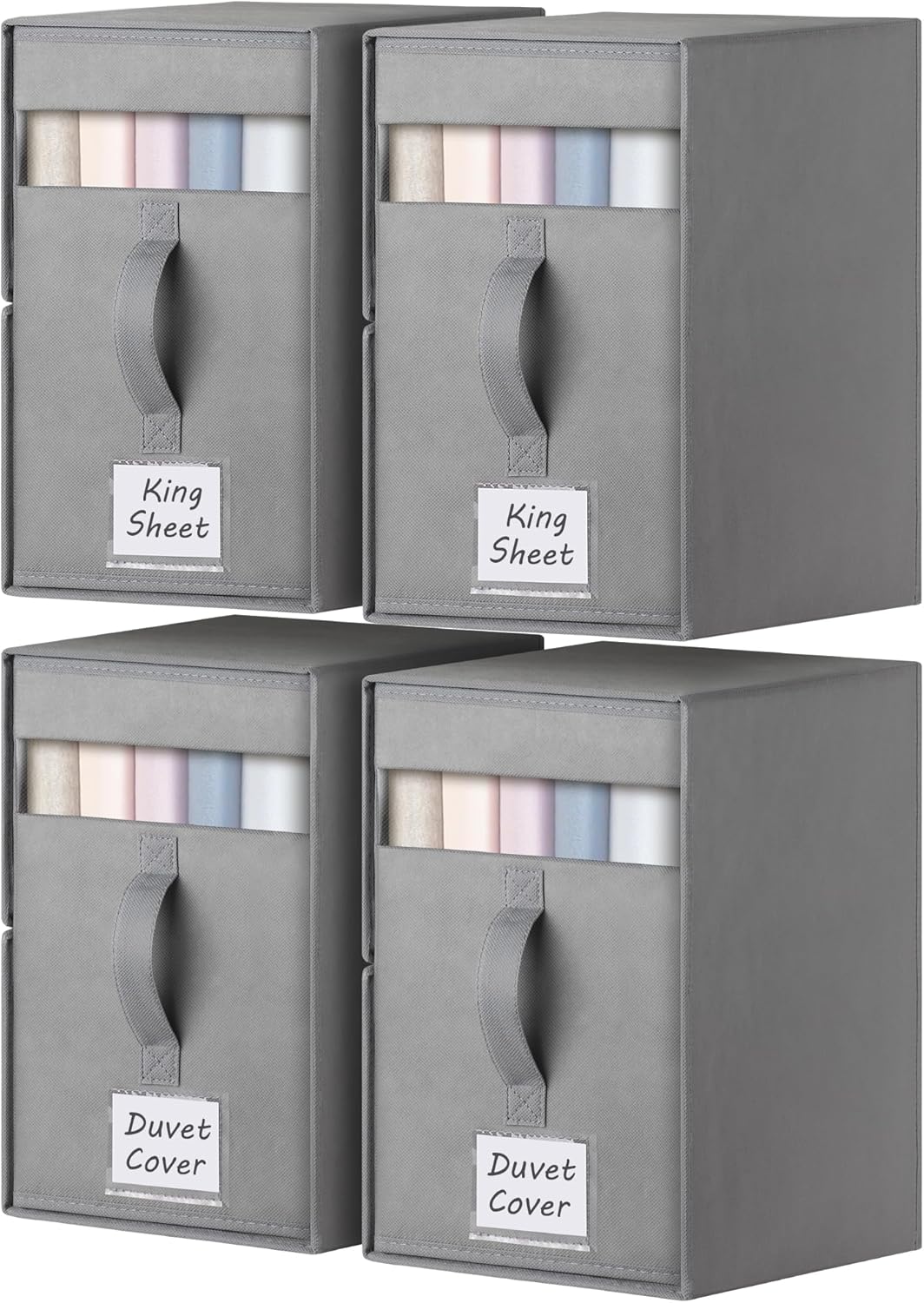 4 Pack Large Bed Sheet Organizers and Storage, (King & Queen Size) Sheet Organizer for Linen Closet, Foldable Bedding Storage Box with Window for Bedsheets, Blanket, Duvet Cover and Pillowcase