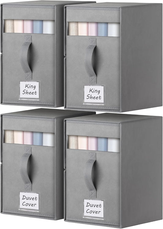 4 Pack Large Bed Sheet Organizers and Storage, (King & Queen Size) Sheet Organizer for Linen Closet, Foldable Bedding Storage Box with Window for Bedsheets, Blanket, Duvet Cover and Pillowcase