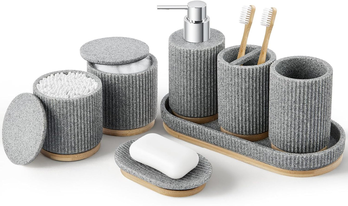Bathroom Accessories Set, 7PCS Resin Bathroom Set with Bamboo Base, with Soap Dispenser, Q-tip Holder, Toothbrush Holder, Tumbler, Soap Dish, Vanity Tray, Complete Bathroom Set for Modern Decor,Grey