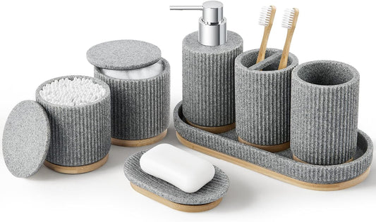 Bathroom Accessories Set, 7PCS Resin Bathroom Set with Bamboo Base, with Soap Dispenser, Q-tip Holder, Toothbrush Holder, Tumbler, Soap Dish, Vanity Tray, Complete Bathroom Set for Modern Decor,Grey