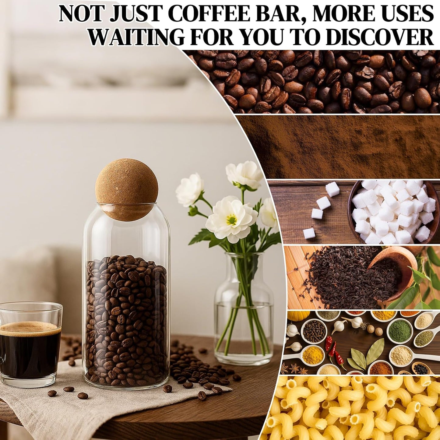 Coffee Container Set of 2 – 34oz Airtight Glass Coffee Bean Storage Jars with Wooden Lids, Metal Scoop & Wooden Base, Coffee Bar Organizer for Countertop, Tea & Sugar Canisters with Labels