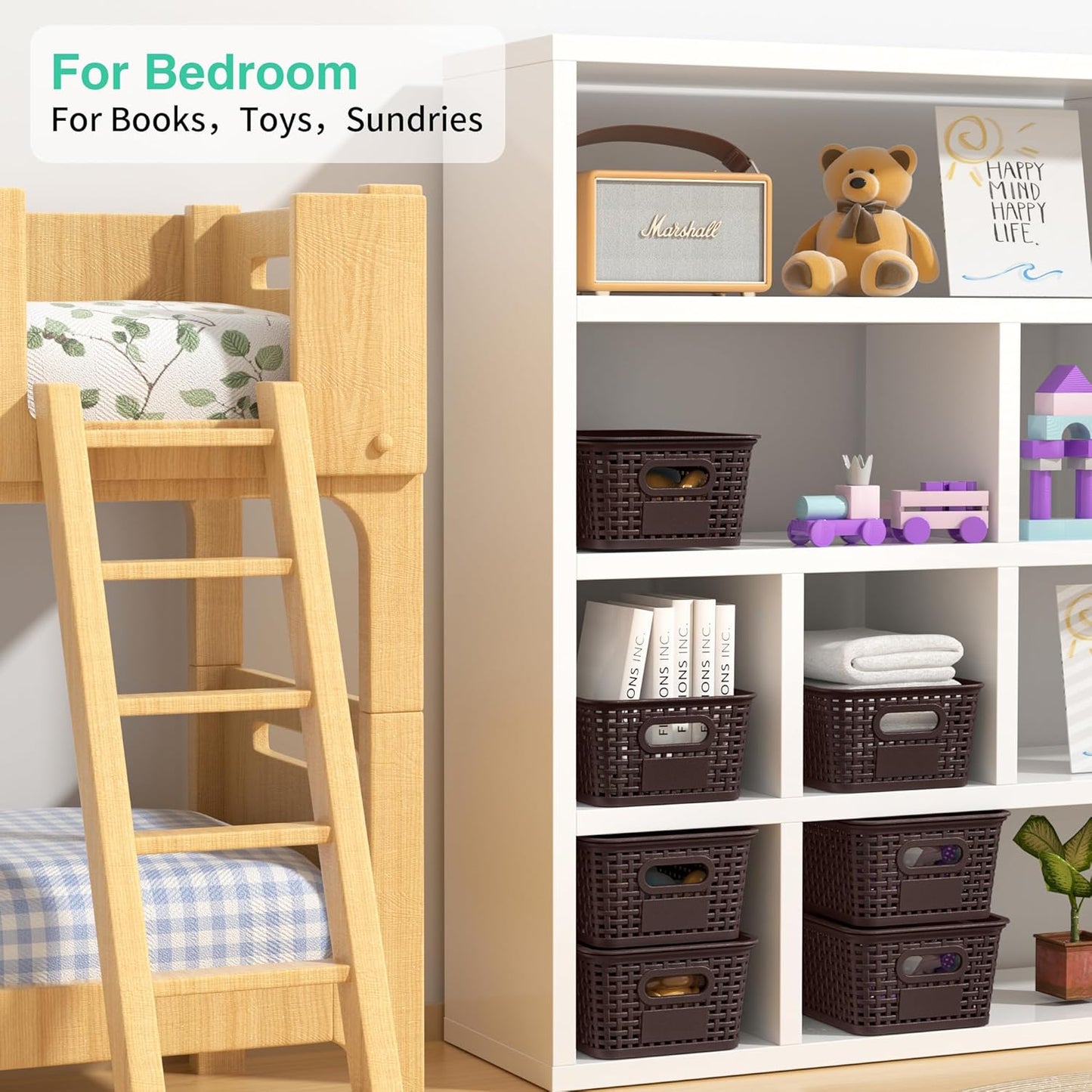 8-Pack Brown Plastic Storage Baskets with Lids, Label Organizers, Stackable Organizer Containers: For Organizing Shelves, Drawers, Desk Closets, Playrooms, Classrooms, Offices