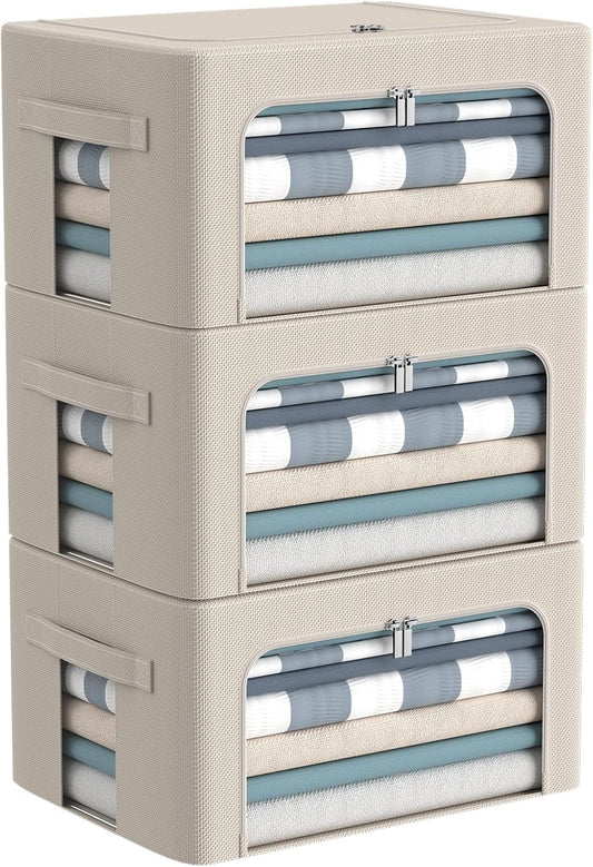 3Pack Frame Storage Box - Clothes Storage Bin Bags Oxford Fabric Foldable Stackable Container Organizer Set with Clear Window & Carry Handles Large Capacity (Beige, Small-22L)