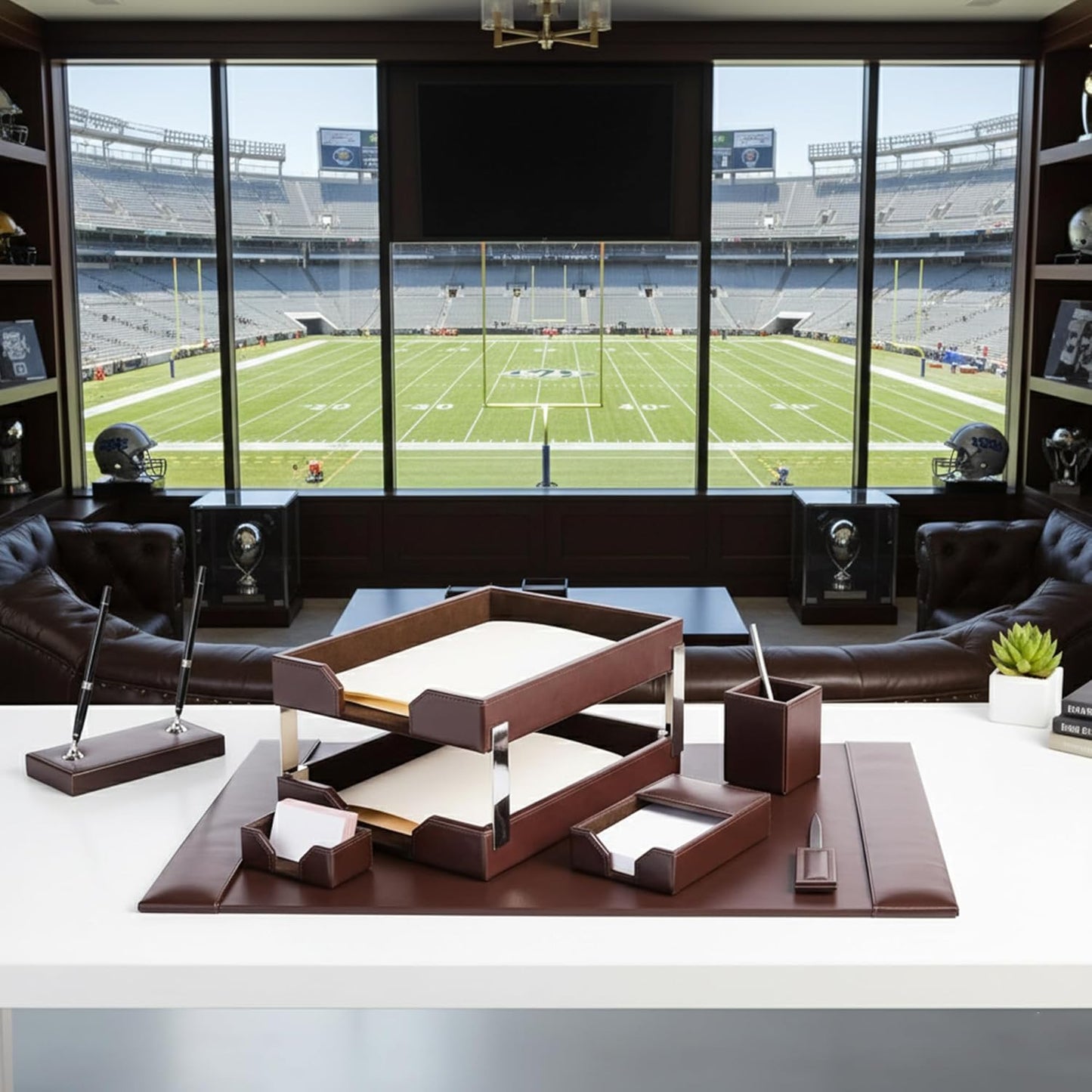 Dark Brown Bonded Leather 9-Piece Desk Set