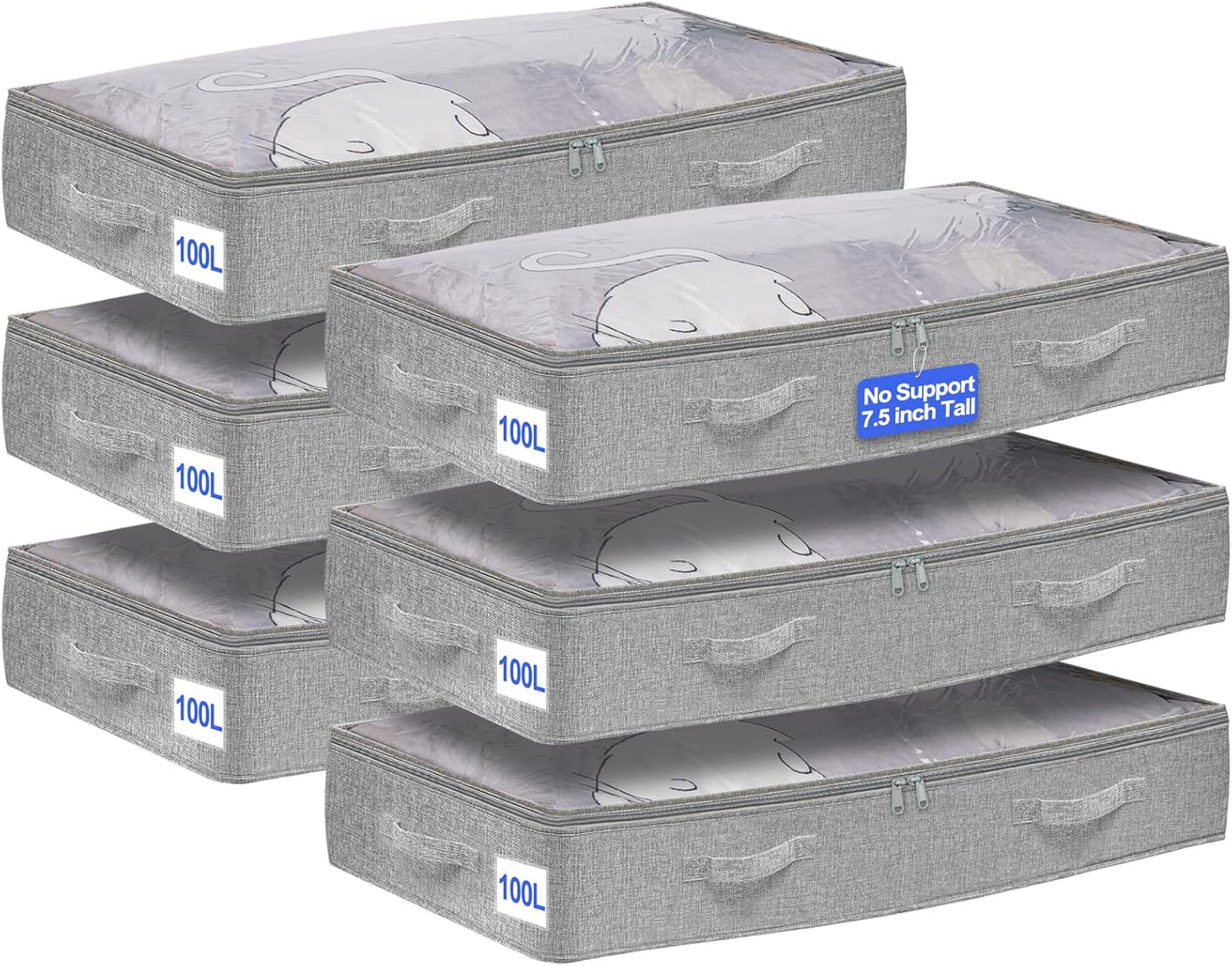 punemi 6-Pack Under Bed Storage Bags (No Support) - 100L Extra Large, Foldable Zipper Storage Containers for Blankets, Clothes & Comforters - Fabric Bins with Lids for Dorms, Closets & Organizing