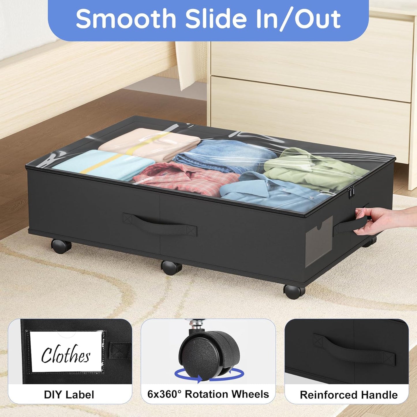 Under Bed Storage with Wheels, 4-Pack Under Bed Storage Containers with Clear Lids, Under the Beds Storage Organizer Bins With Handles, Under Bed Drawer for Clothes, Shoes, Books, Toys