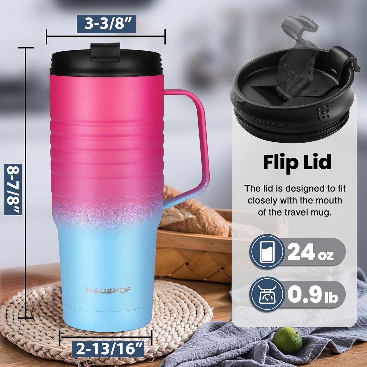 HAUSHOF 24 oz Travel Mug with Handle, Stainless Steel Vacuum Insulated Coffee Travel Mug, Double Wall Travel Mugs with Leakproof Lid, BPA Free