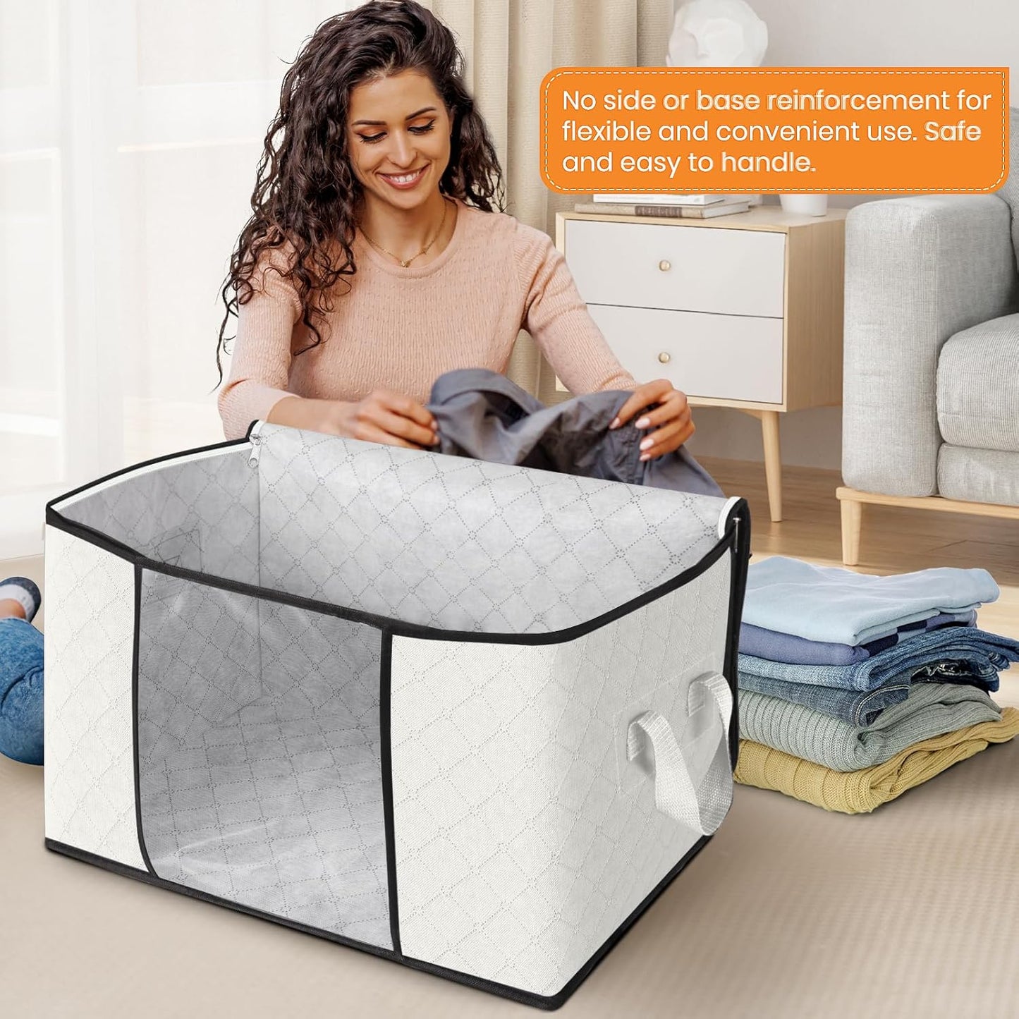 Fab totes 24 Gallons Clothes Storage, Foldable Thick Fabric Blanket Storage Bags, Containers for Organizing Bedroom, Closet, Clothing, Comforter, Organization with Handle (4 Pack,Ivory)