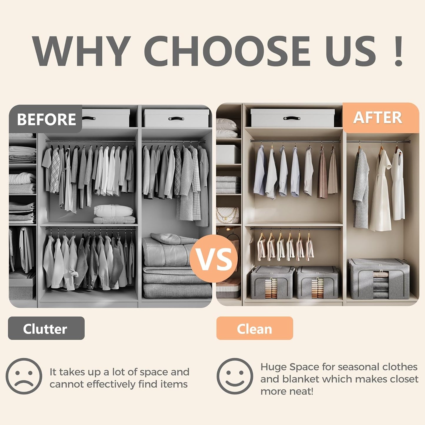 Pinkpum 3 Pack Clothes Storage Bins with Metal Frame, Closet Organizers and Storage Boxes, Sturdy Stackable & Foldable Clothes Organizer Bags with Clear Window & Long Carry Handles, Grey 40L