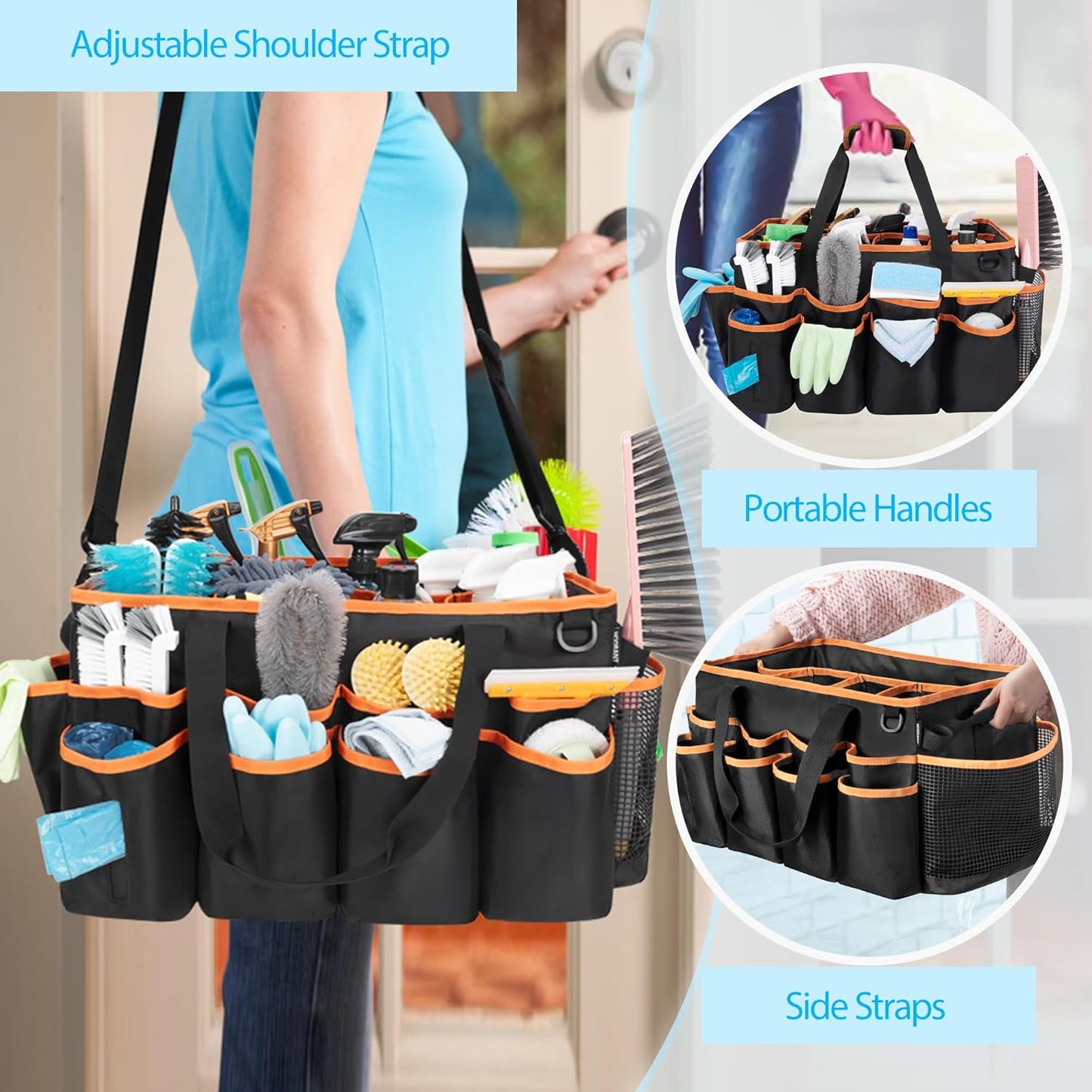 Extra-large Wearable Cleaning Caddy, Organizer Bag for Housekeeper with Pad, Handle & Divider, Car Wash Tools Bag for Detailing Supplies, Orange Edge