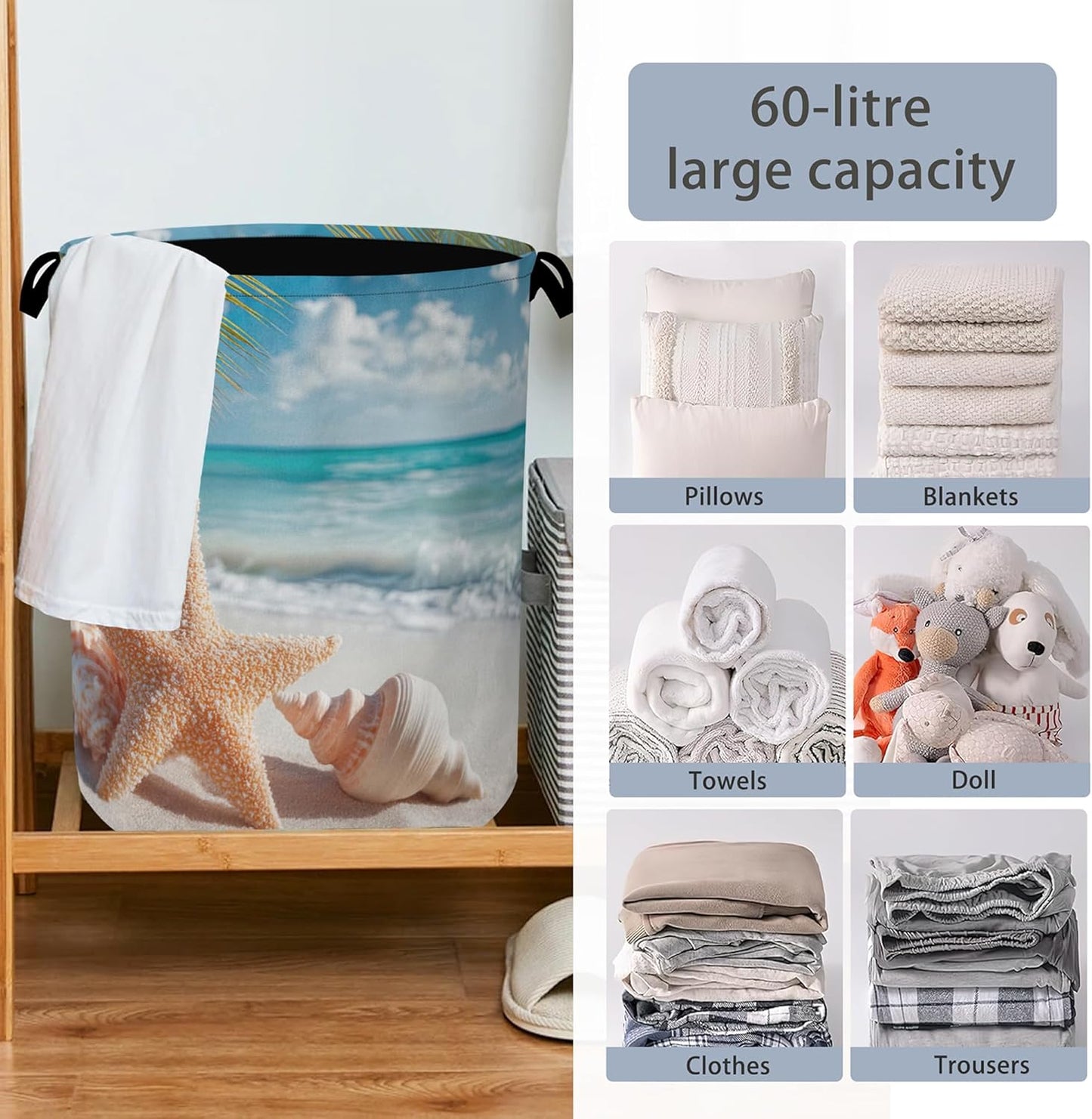 Starfish Shells Laundry Basket,Beach Oxford Cloth Laundry Hamper with Handle Foldable Portable Clothes Storage Basket for Bathroom Bedroom Dorm Room 16" x 20.8"