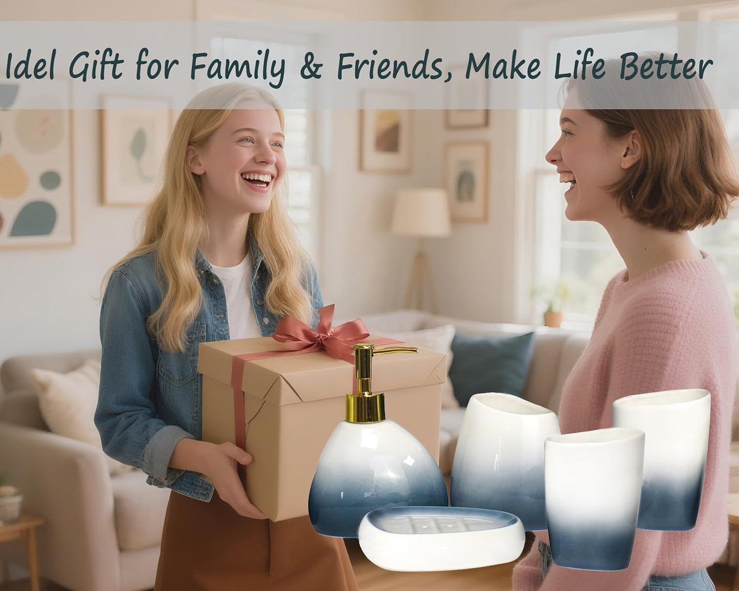 5 Piece Ceramic Bathroom Accessory Set in Ombre Blue, Includes Soap Dispenser, Toothbrush Holder, Soap Dish & 2 Mouthwash Cups, Modern Elegant Countertop Decor for Bathroom Vanity