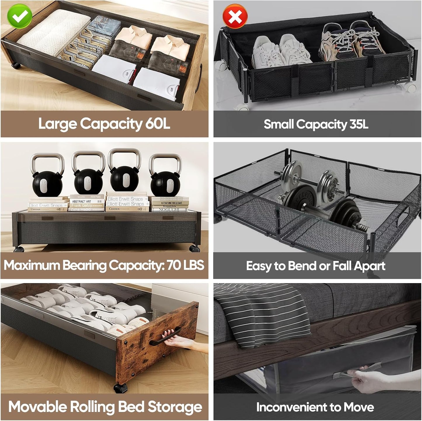 KITHELP Wooden Under Bed Storage with Wheels, Rolling Under the Bed Storage Bins with Removable Lid, Metal Under Bed Drawers for Clothes and Shoes in Bedroom or Living Room(Vintage Brown-1pack)