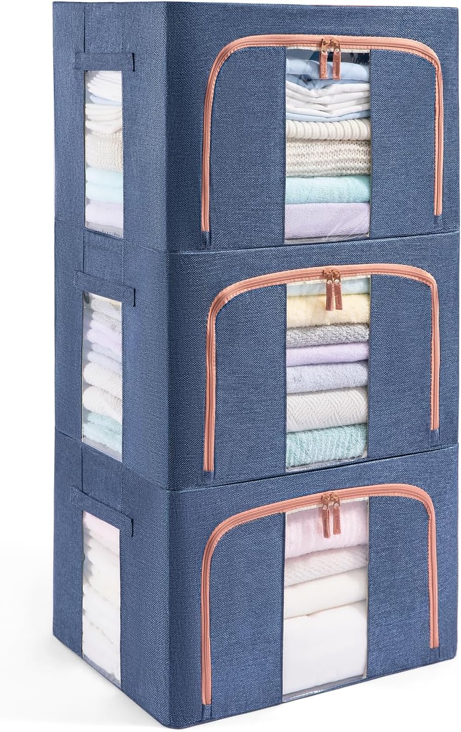 3 Pack 66L Stackable Clothes Storage Bins with Metal Frame Handles & Zipper, Collapsible Closet Organizer Box with Lid for Bedding Blankets Towel (Navy)