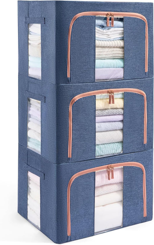 3 Pack 100L Stackable Clothes Storage Bins with Metal Frame Handles & Zipper, Collapsible Closet Organizer Box with Lid for Bedding Blankets Towel (Navy)