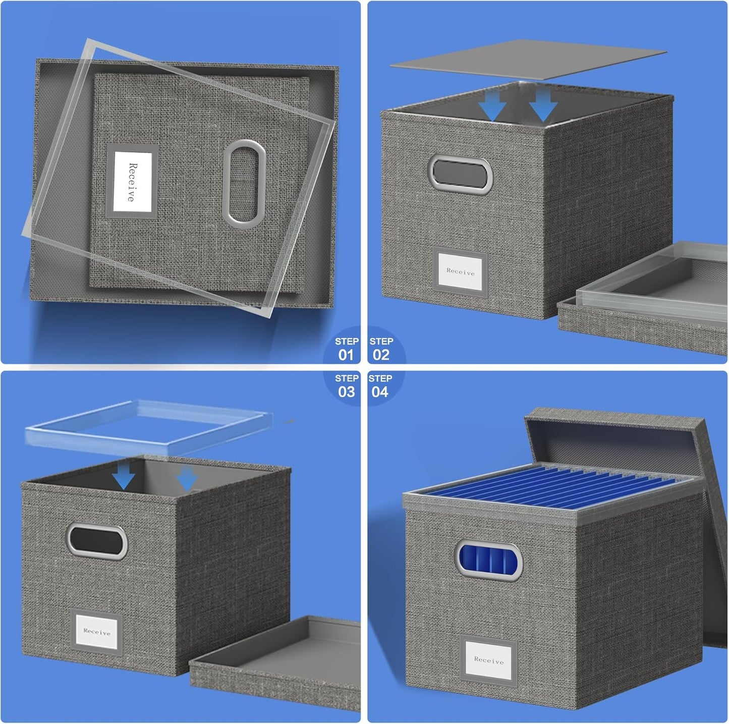 File Organizer Box - File Boxes for Hanging Files with Lid Set of 3 Decorative Hanging Folders Organizer with One-Piece Plastic Frame Slides (Grey, 13.2 * 10.1 * 10.1in(3Pack))