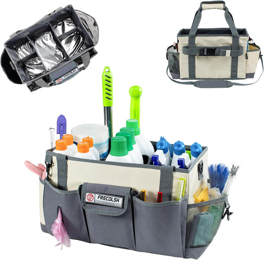Large Cleaning Caddy for Suppliers Organizer,15'' Professional Organizer with Handle,Wearable Cleaing Bag,Cleaning Storage Caddy,Cleaning Housekeeping,Ivory-Grey