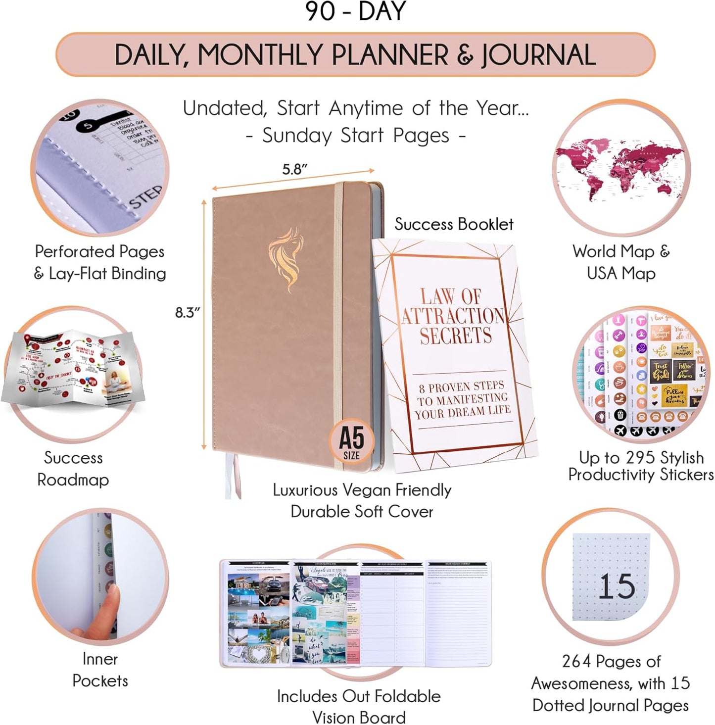 Gratitude Journal for Women & Men - 5 Minute Self Care Journal | 90-Day Undated Daily Planner for Positivity, Affirmations & Manifestation | Guided Mindfulness, Reflection | Vision Board + Stickers