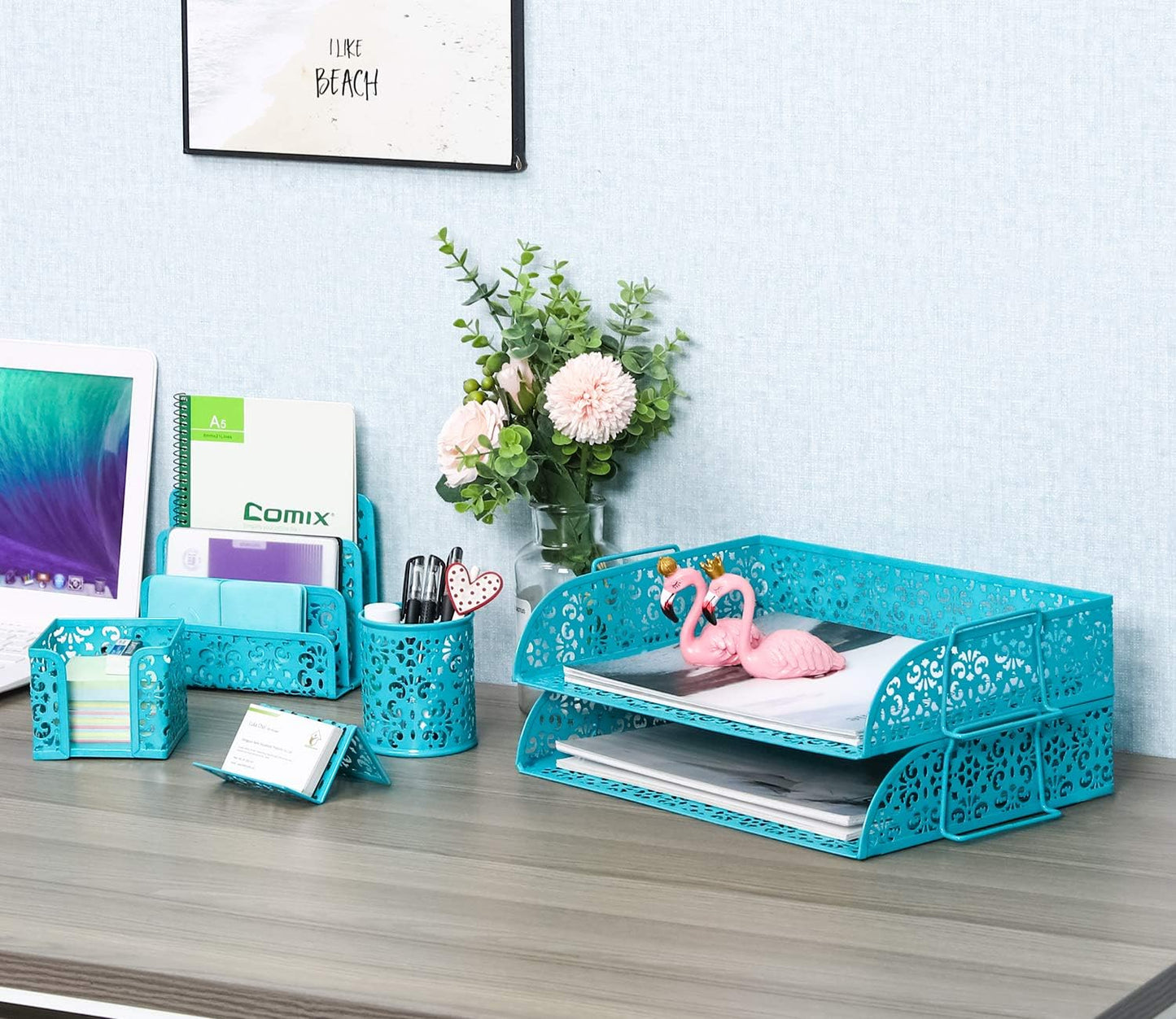 EasyPAG Desk Organizers and Accessories 5 Pieces Office Supplies Set - 2 Tier Paper Tray, Pencil Organizer for Desk, Mail Sorter Countertop, Business Card Holder and Sticky Note Holder, Dark Teal