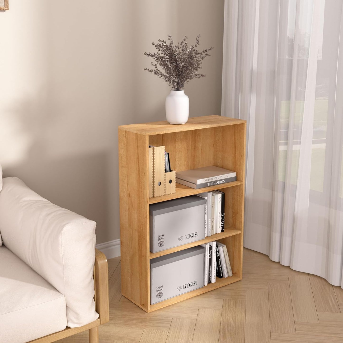 Wooden 3 Cube Storage Organizer,3 Tier Low Bookcase Storage Display Organizer, 33 Inch Versatile Cubes Shelf and Cubby Unit for Any Space (Natural Oak, 3 Cube-W(23.6inch)