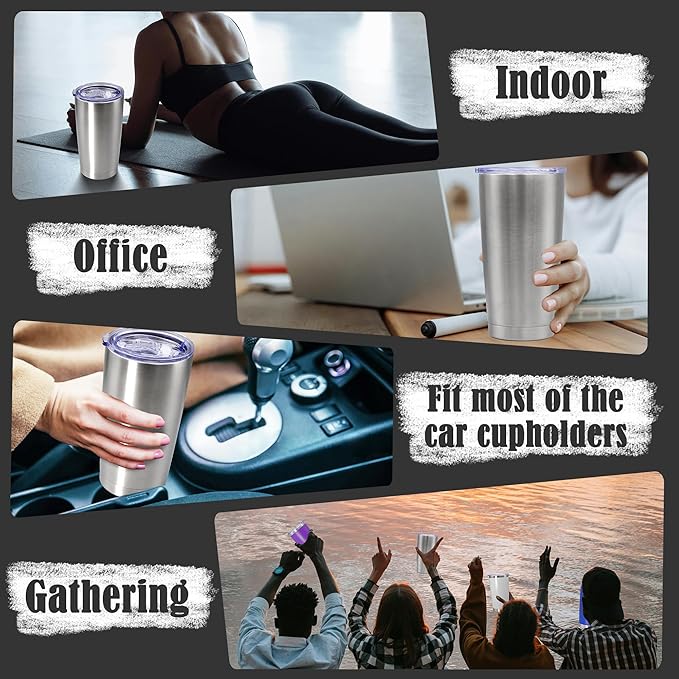 20 oz Tumbler Coffee Travel Tumblers Bulk with Lid Stainless Steel Double Wall Vacuum Insulated Mug Powder Coated Cups fit Car Cupholder for Hot and Cold - Stainless Steel, 4Pack