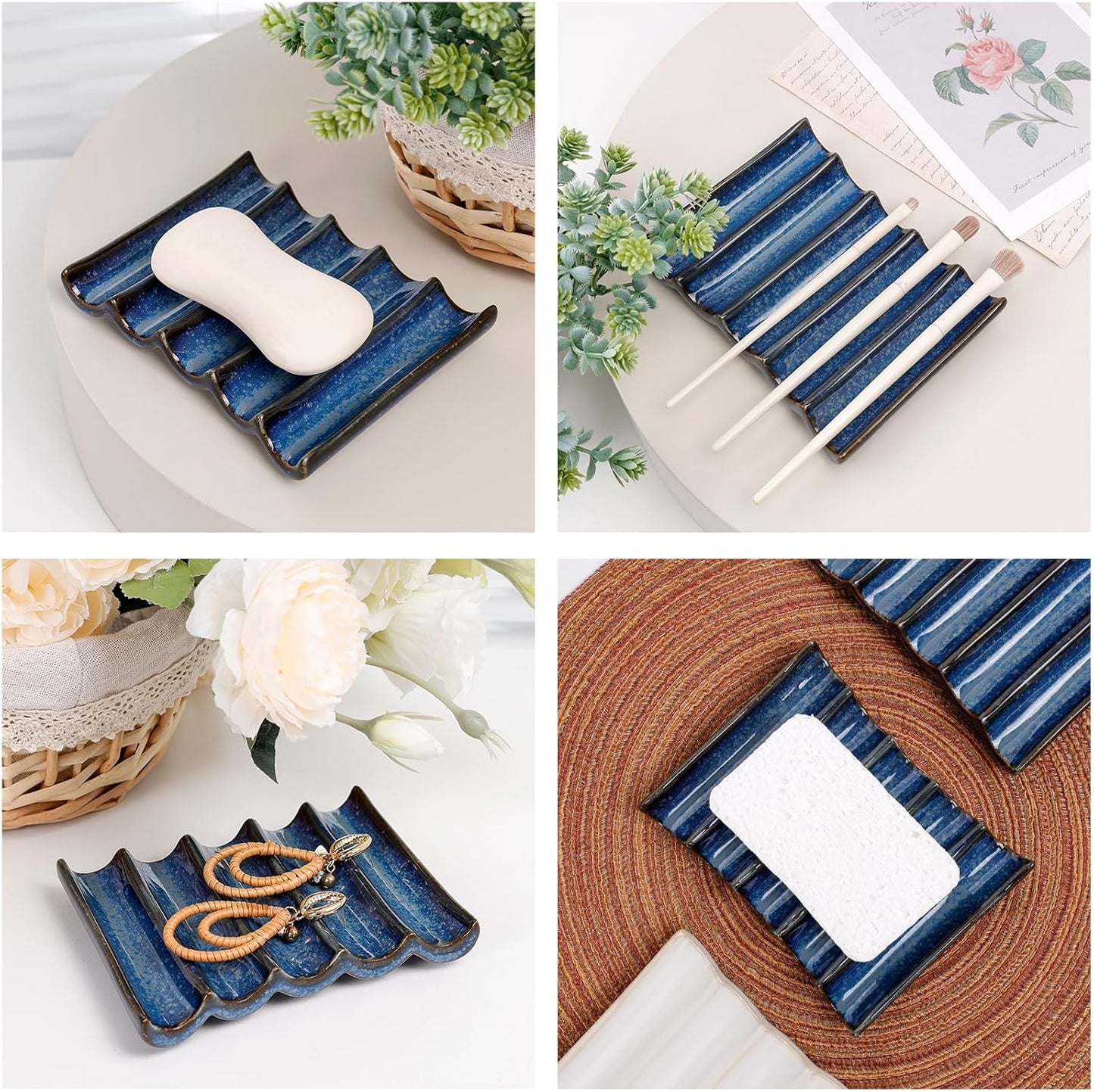 Ceramic Soap Dish, Bar Soap Holder with Self Draining Design, Large Soap Tray for Shower, Sink, Countertop, Bathroom & Kitchen, ANTIS'S HOME (Blue)