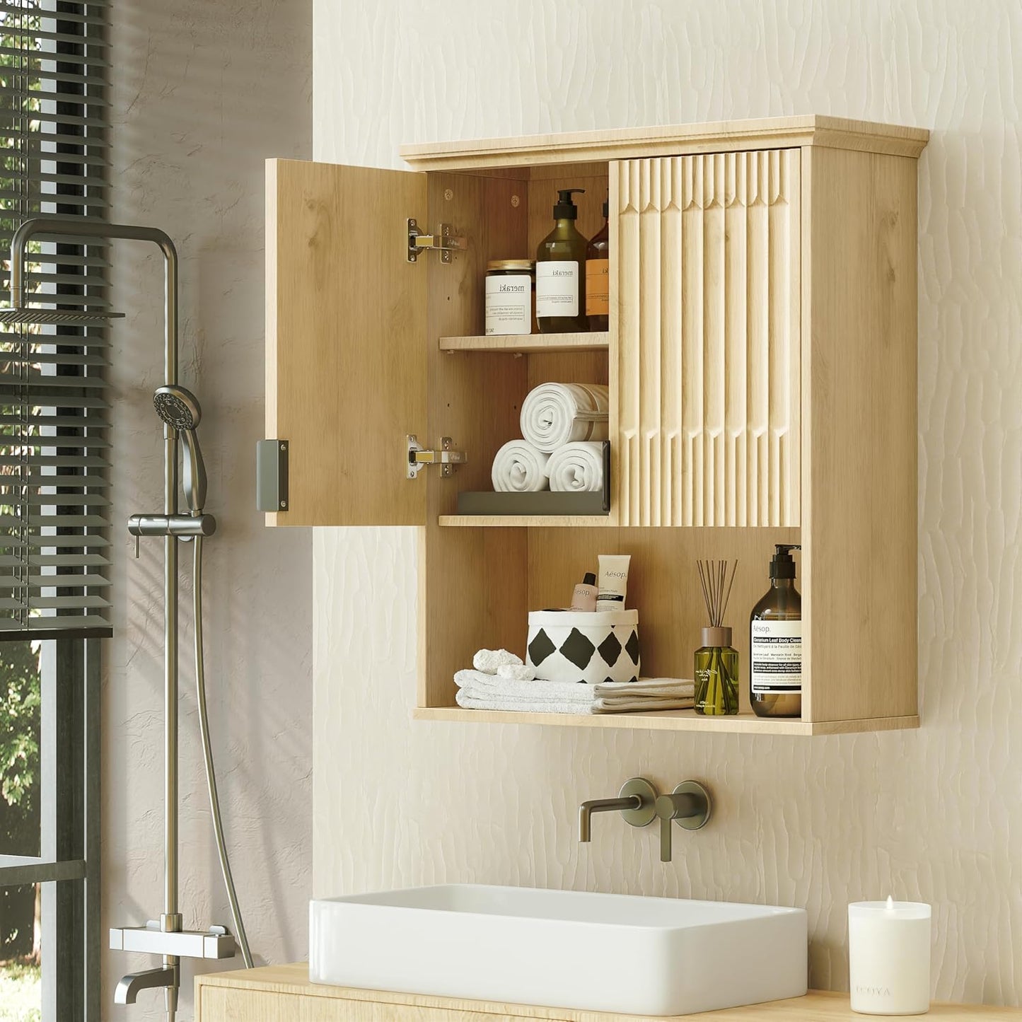 FLOWBACK Wall Mount Bathroom Cabinet, Wooden Medicine Cabinet Storage Organizer with Fluted Doors and Adjustable Shelf, Over The Toilet Space Saver Storage Cabinet