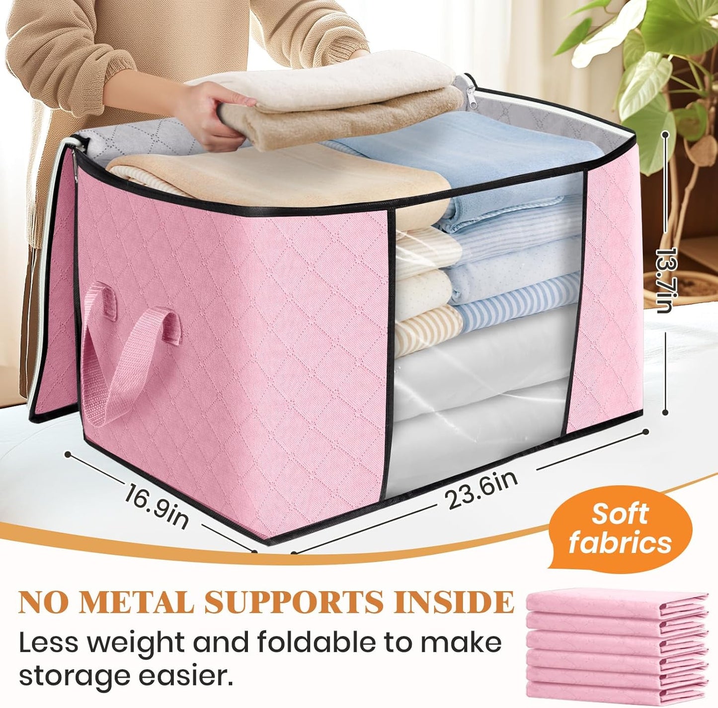 Fab totes 24 Gallons Clothes Storage, Foldable Thick Fabric Blanket Storage Bags, Containers for Organizing Bedroom, Closet, Clothing, Comforter, Organization with Handle (8 Pack,Pink)