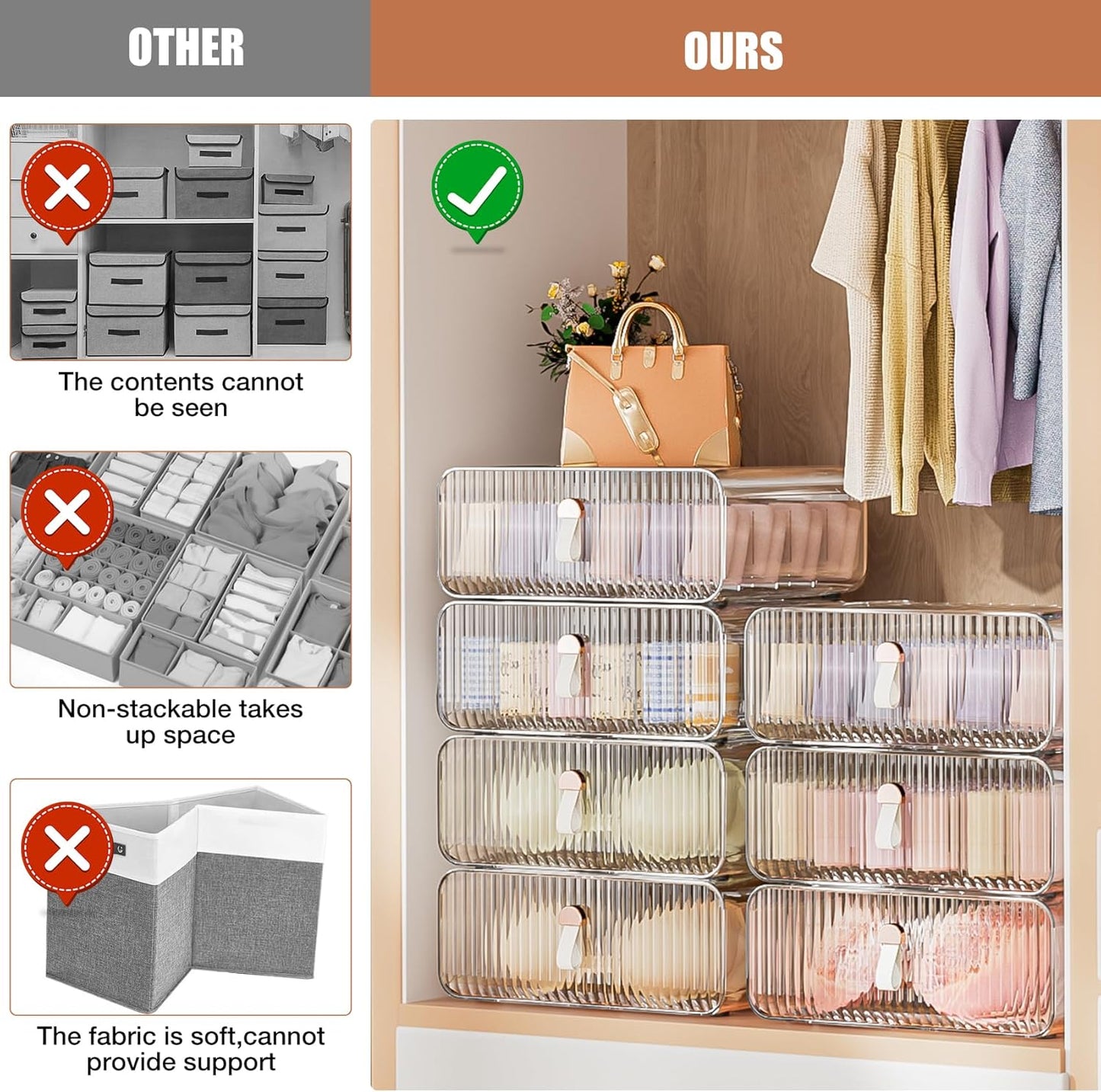 Neprock Underwear Drawer Organizer - Stackable Bra Organizer for Closet, 1 Cell Clear Acrylic Bra Storage Box, Closet Organizers and Storage for Lingerie, Undergarment, Baby Clothes, Scarf