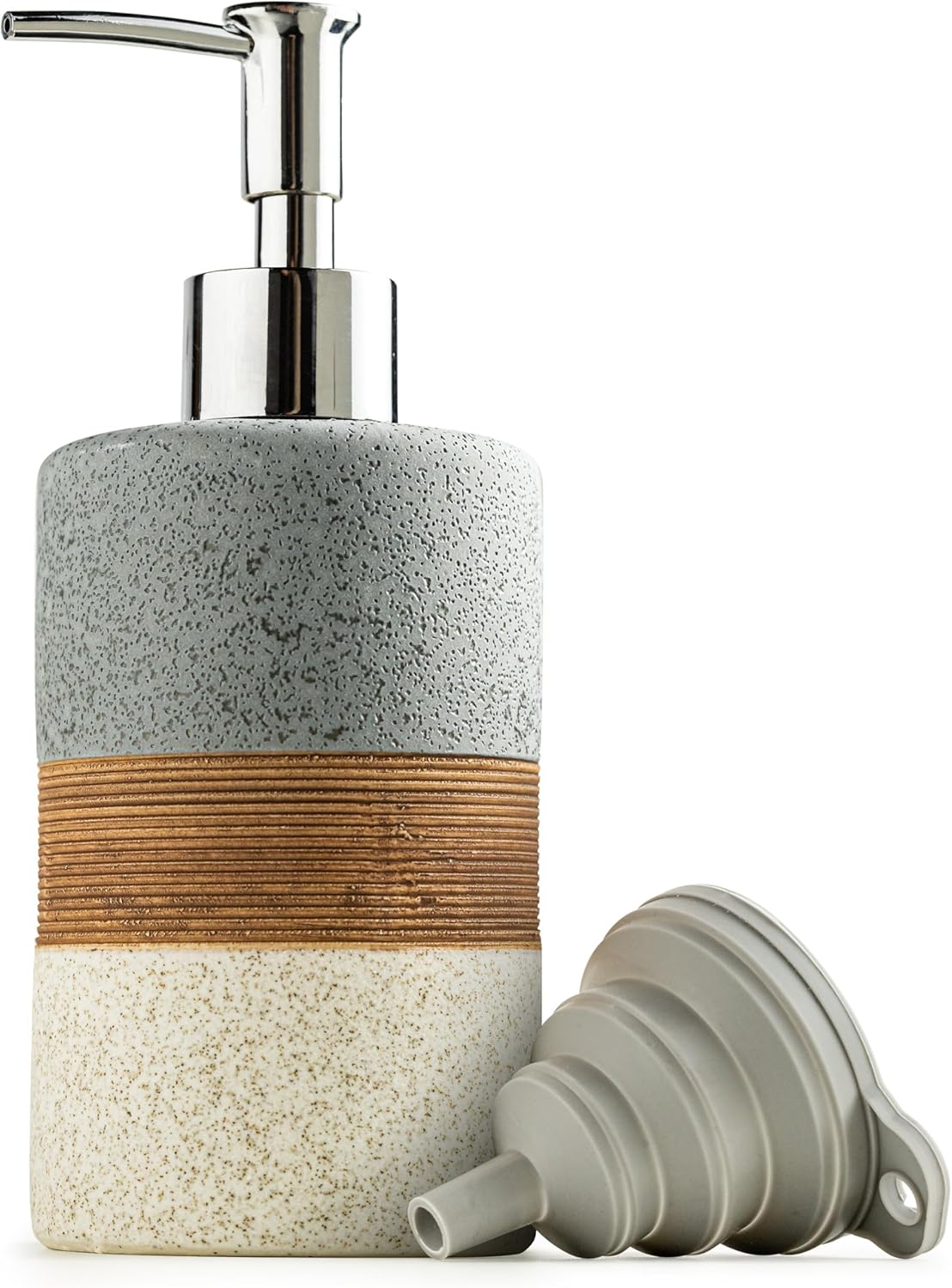 Ceramic Soap Dispenser Set for Hand Soap, Shampoo, Dish Soap, Conditioner, Bathroom & Kitchen, Stainless Steel Pump, Includes Silicone Funnel, 12 Oz, Non-Slip, Elegant Kitchen Decor, Gray