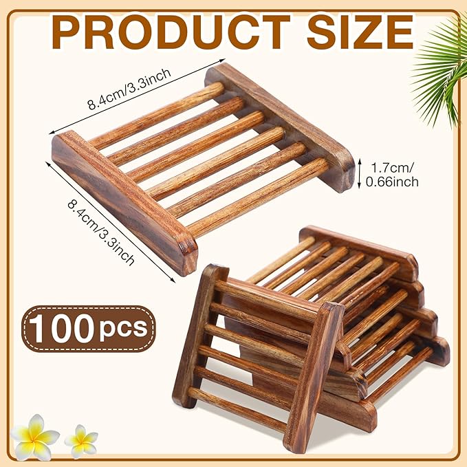 Amyhill 100 Pcs Bamboo Wood Soap Dish Bulk Bathroom Wooden Soap Holder Savers Self Draining Dishes Handcraft Tray, 3.3 x 3.3 x 0.67 Inch (Charcoal Color)