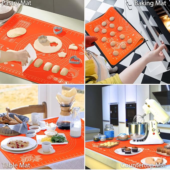 Silicone Baking Mat 32" x 24" Extra Thickness Dough Rolling Mat with Measurements and Edge Heightening, Non-stick Food Grade Silicone Pastry Mat for Pastry, Bread, Cookies, Pizza, Fondant, Pasta-Red