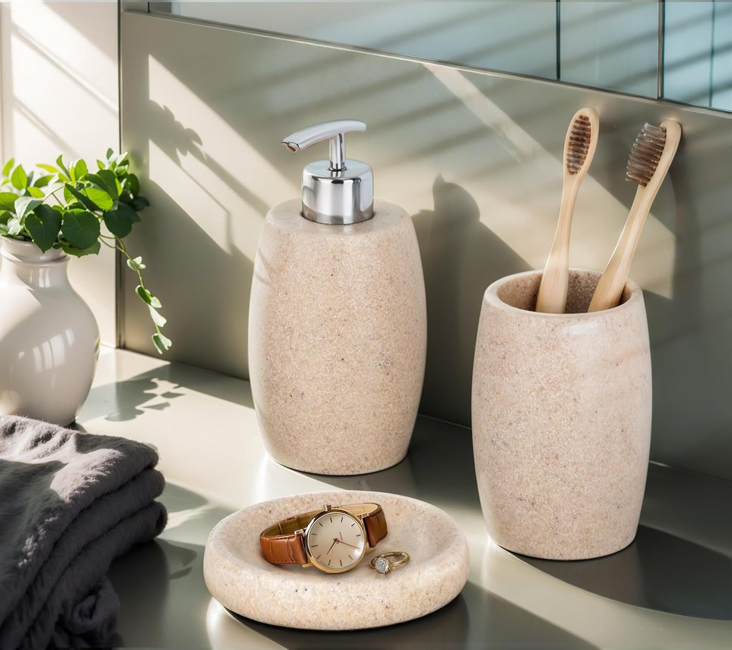 Beige Bathroom Accessories Set 3 PC, Resin Sandstone Look Soap Dispenser, Toothbrush Cup, Soap Dish, Bathroom Soap Dispenser Set for Home Decor and Kitchen