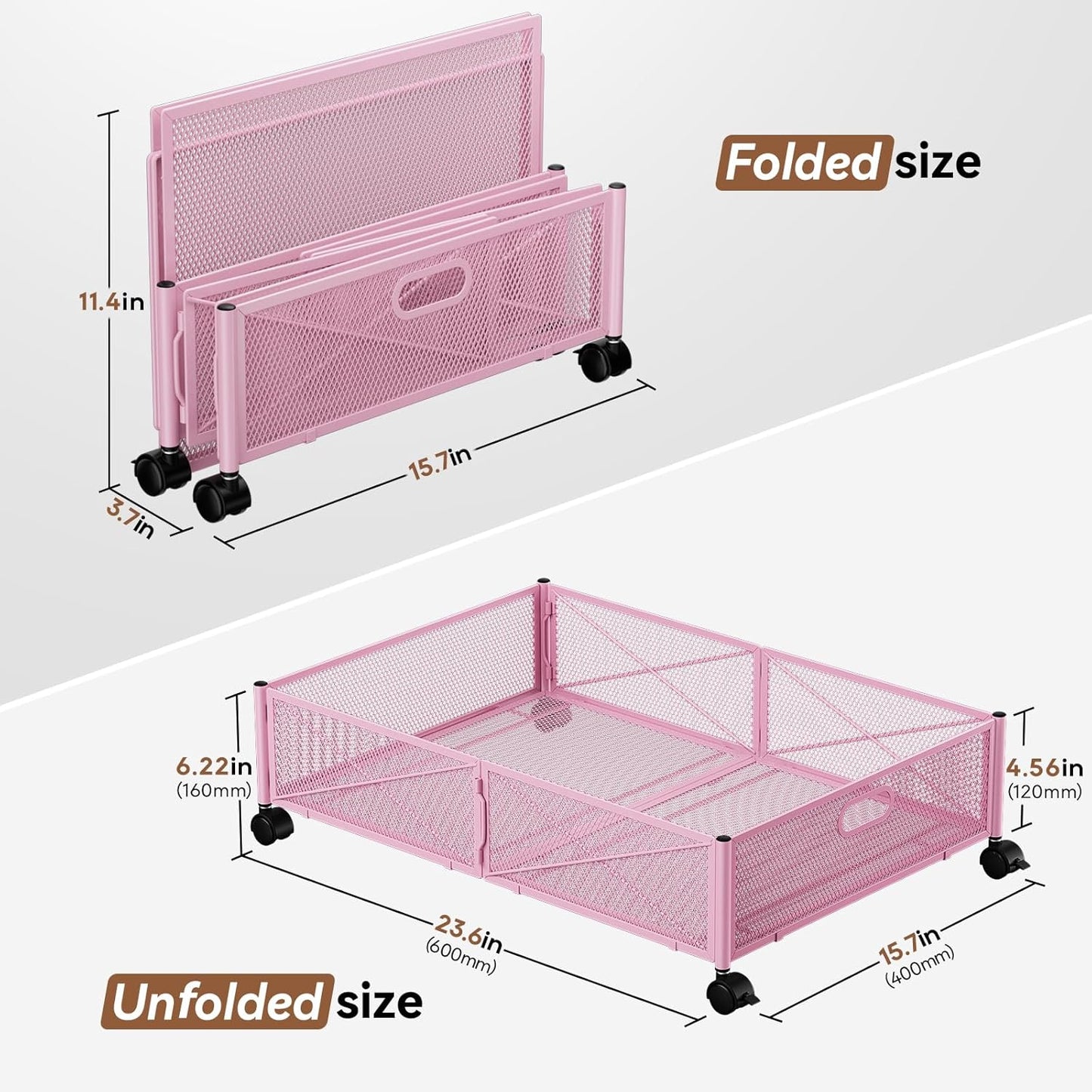 Under the Bed Storage Containers with Wheels, Under Bed Storage, Under Bed Shoe Storage Organizer Drawer, Tool-free Assembly Metal Underbed Storage Containers -Pink
