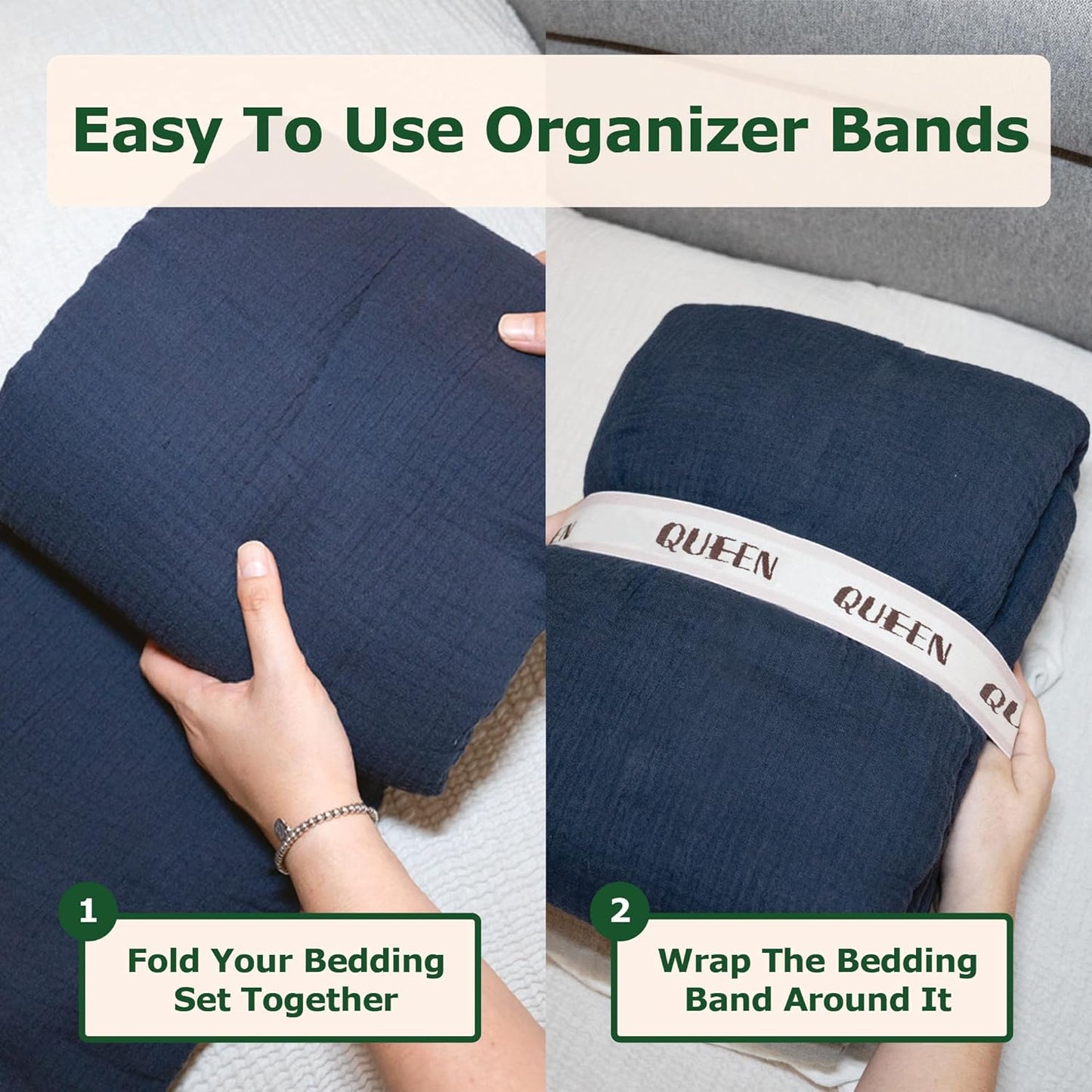 ECOHomes Bed Sheet Organizer and Storage Size Label Bands | Bed Sheets Set Organizers for Linen Closet Organization - Elastic Bedding Band Labels for Organizing Bedsheet (Queen 4PCs Pack | Cream)