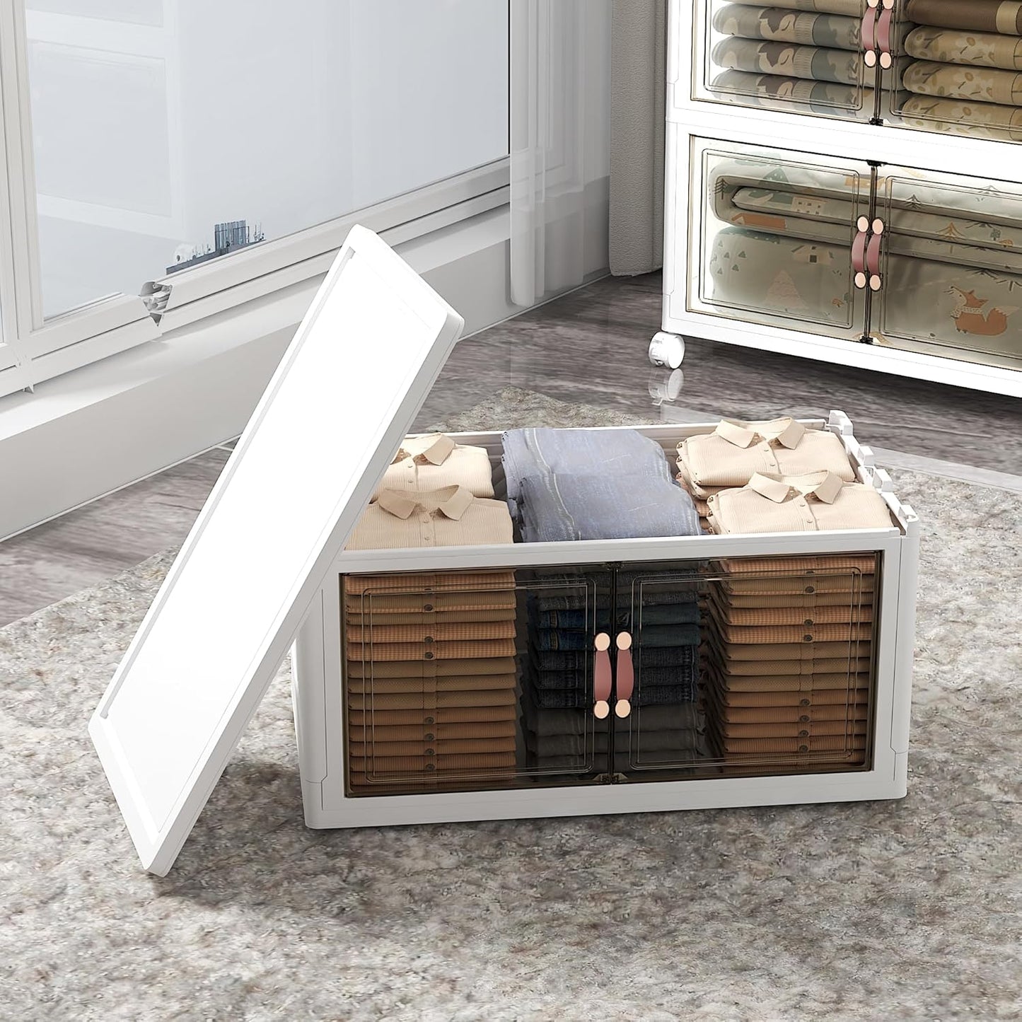 Extra Large Stackable Storage Bins with Lids & Wheels & Door, 560QT-112QT/28GAL*5Pack Foldable Collapsible Closet Organizers, Plastic containers drawers for bedroom Dorm