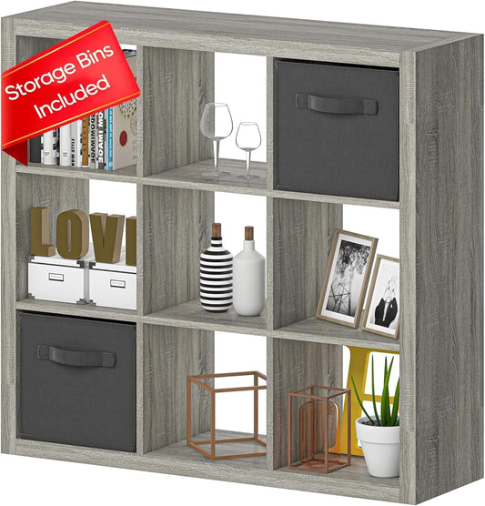 Bookshelf with Storage Bins, 9-Cube Storage Organizer Sturdy Wooden Bookcase Open Book Shelf, Multifunctional Cubicle Rack for Storage & Display, Furniture for Living Room Bedroom Office, Gray Oak