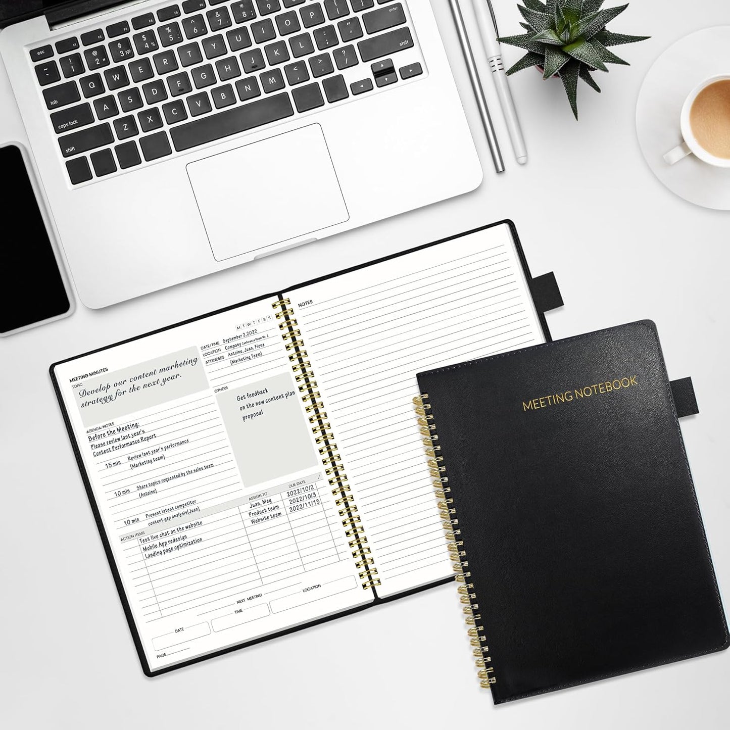 SUNEE Half Meeting Half Note - 7.5"x10" Professional Notebooks for Work - 160 Pages, B5 Size Project Planner, Spiral Meeting Agenda Organizer for Women Men, Note Taking,Office with Vegan Leather Cover