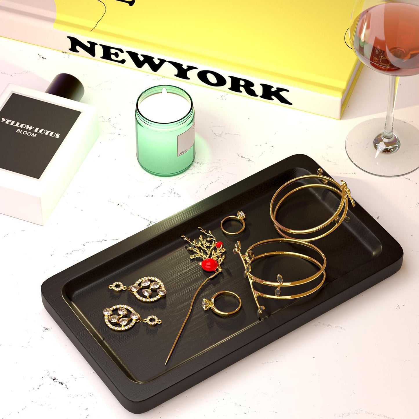 Black Bathroom Accessories Set 2 pcs - 9’’ Small Black Bamboo Tray for Bathroom, Wooden Bar Soap Holder for Shower, Kitchen Soap Dispenser Set for Sink, Kitchen Dish Tray Decor