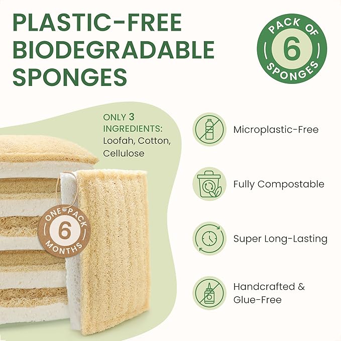 Natural Kitchen Sponges – Eco-Friendly, Compostable Dish Sponges – Loofah & Cellulose Scrubbers – Plastic-Free, Zero-Waste, Biodegradable – Durable, Non-Scratch – Pack of 6