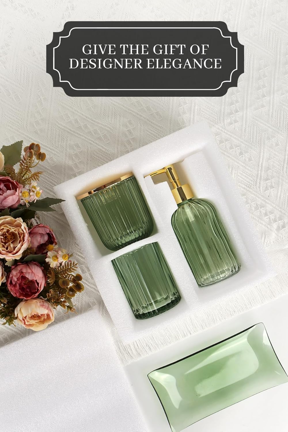 Designer Green Glass Bathroom Accessories Sets - 4 Pcs with Lotion Soap Dispenser, Bathroom Toothbrush Holder, Vanity Tray, and Apothecary Jar, Vintage Bathroom Decor, Gift Countertop Organizer