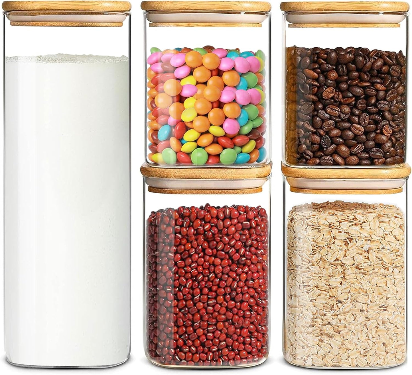 Glass Storage Containers with Airtight Bamboo Lids Muti Size Set of 5,Pantry Food Glass Jar with Lid,Perfect for Kitchen Organization-Nuts,Flour, Rice, Pasta, Sugar, Coffee Beans, Accessories Included